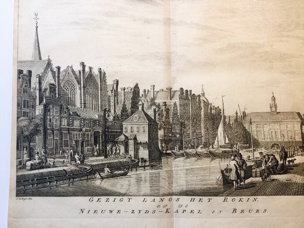 Amsterdam, Rokin en Waag, 1760, Ets, Stadsgezicht, 27 cm, Ophalen of Verzenden