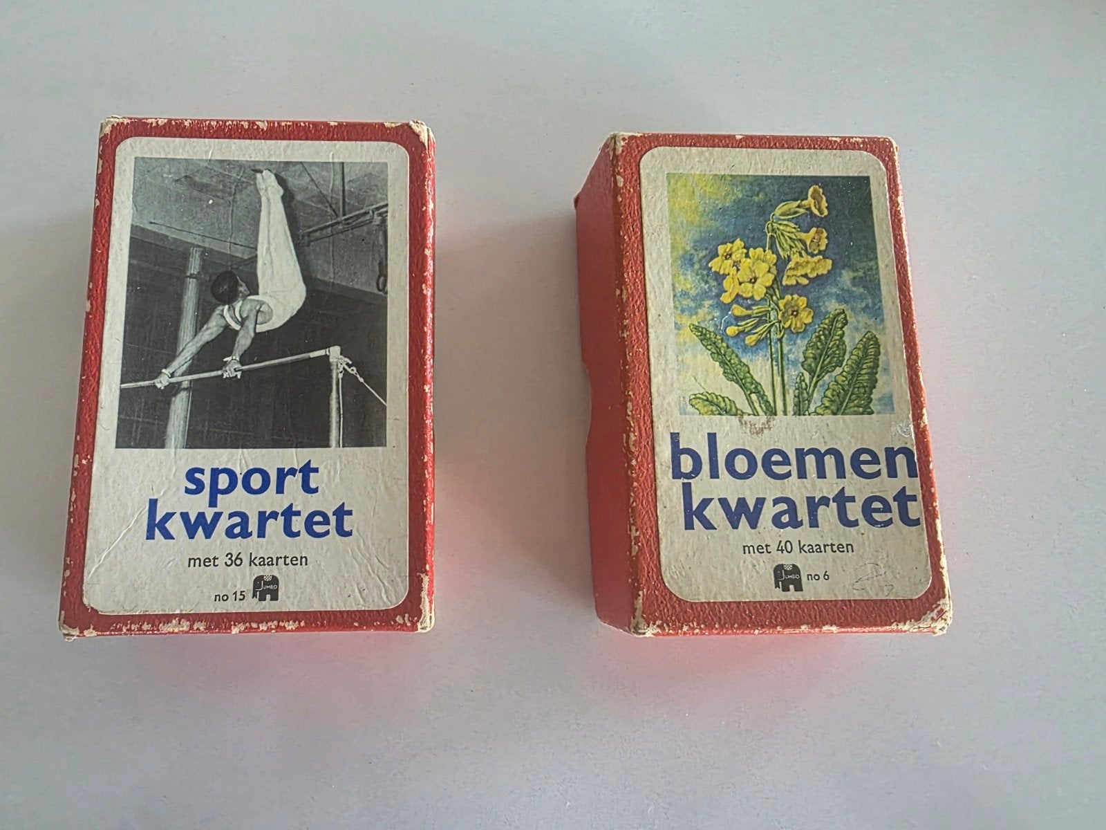 Vintage Jumbo Kwartet Spellen: Bloemen en Sport, Hobby en Vrije tijd, Drie of vier spelers, Ophalen of Verzenden, Gebruikt, Jumbo