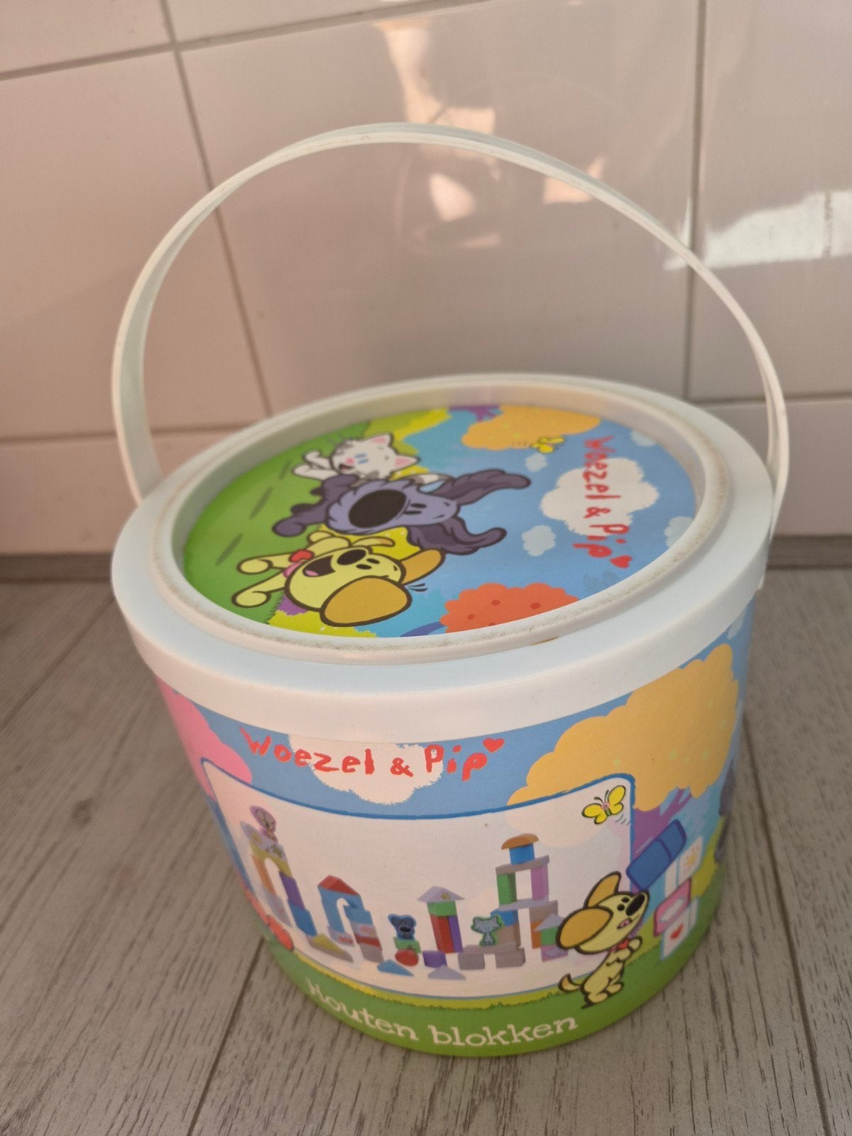 Houten blokken Woesel & Pip in emmer, Kinderen en Baby's, Speelgoed | Houten speelgoed, Ophalen of Verzenden, Gebruikt, Overige typen