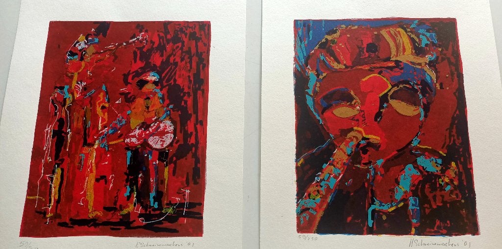 Twee gesigneerde zeefdrukken, Harrie Schreinemachers, 2001., Origineel, Ophalen of Verzenden, Portret en Figuren, Zeefdruk