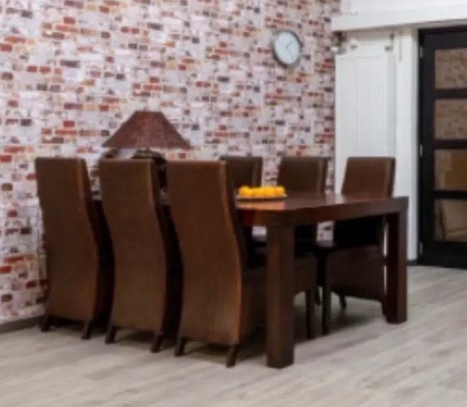 Eettafel met zes stoelen tafel hout stoel riet en leer, Ophalen, Zo goed als nieuw, 4 tot 6 stoelen