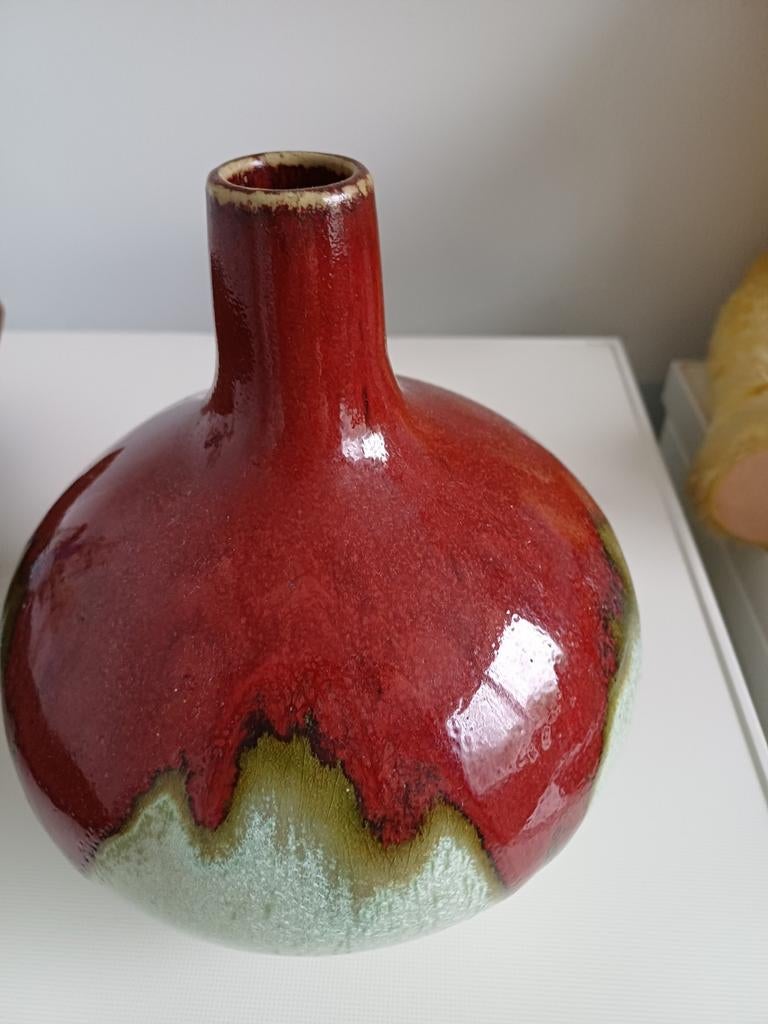 Unieke handgemaakte keramische vaas rood/groen, Ophalen of Verzenden