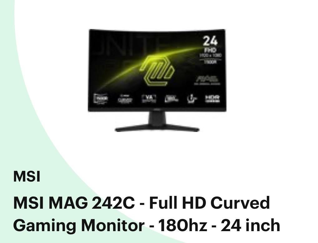 MSI MAG 242C – 24” Curved Gaming Monitor | 180Hz | 1ms, Computers en Software, Monitoren, Gaming, Curved, VA, Full HD