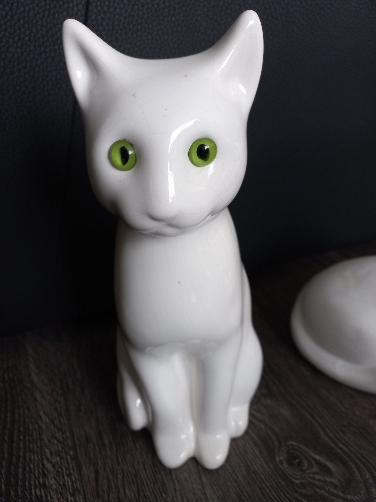 Witte keramische kat met groene ogen, 29cm hoog, Ophalen of Verzenden, Gebruikt, Dier