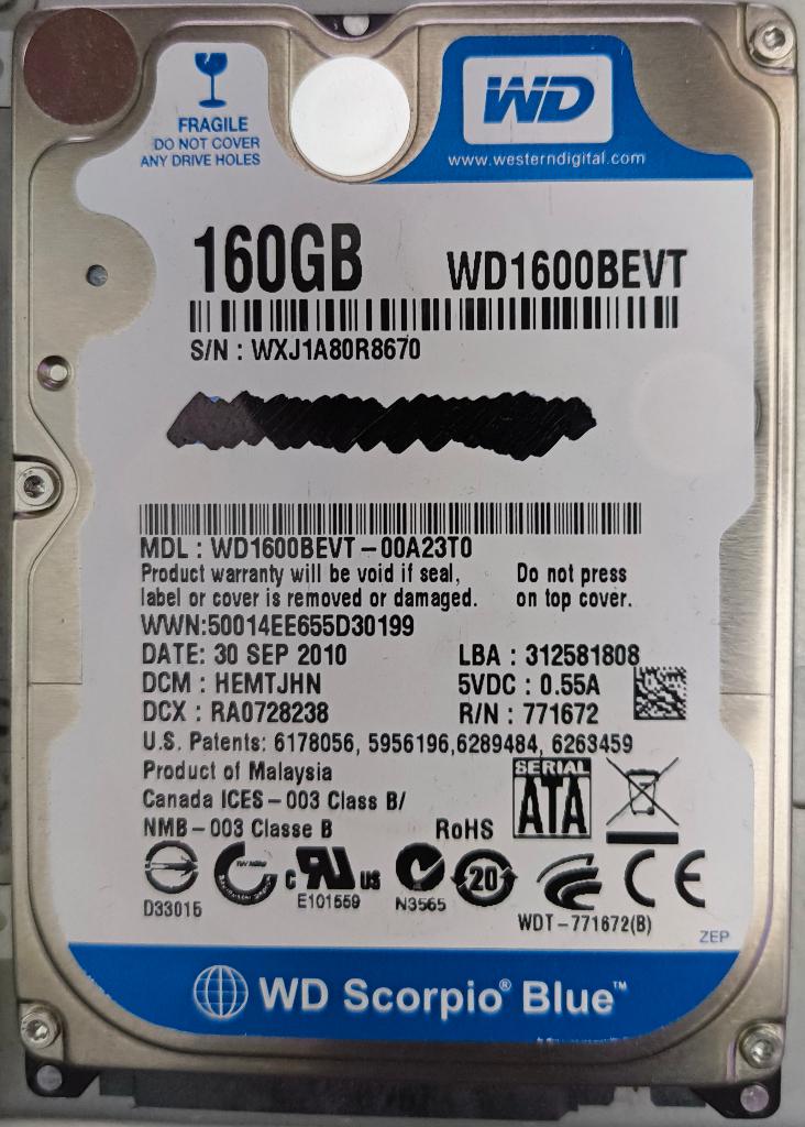 WD Scorpio Blue WD1600BEVT, Computers en Software, Harde schijven, Intern, Gebruikt, 2.5 inch, 9.5 mm, Ophalen of Verzenden