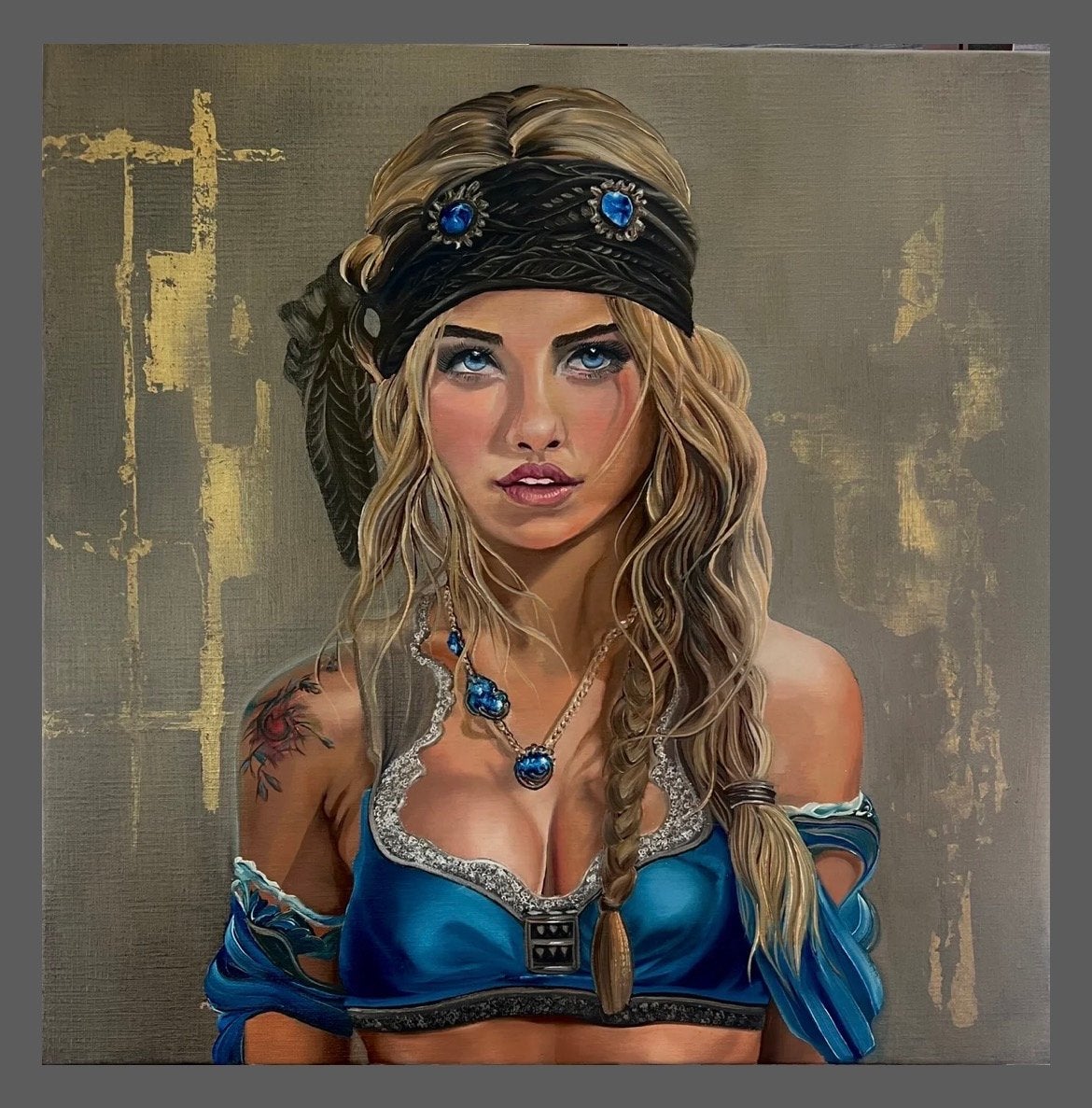 Olieverfschilderij "De blauwe parel van de zee" 70x70cm, Ophalen, Portret, Textiel, Gesigneerd