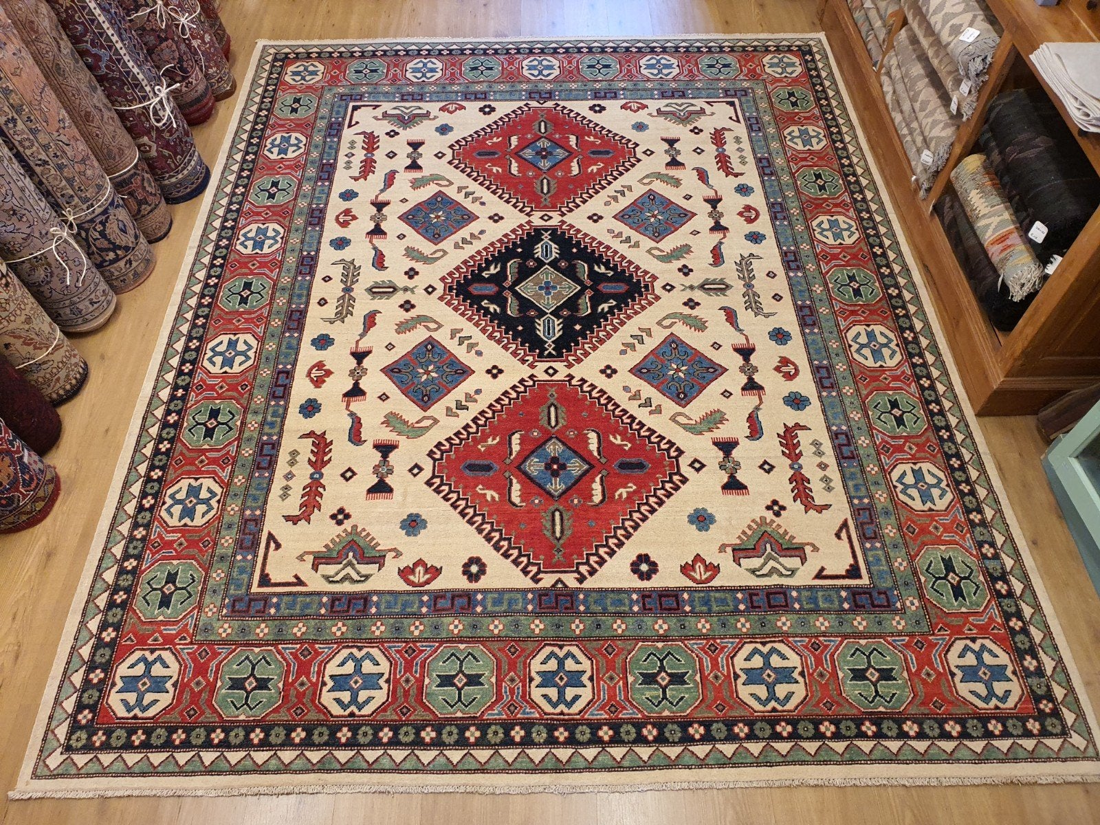Handgeknoopt oosters tapijt kazak 302x246, Huis en Inrichting, Stoffering | Tapijten en Kleden, Perzisch, Vof Slats Antiek, 200 cm of meer