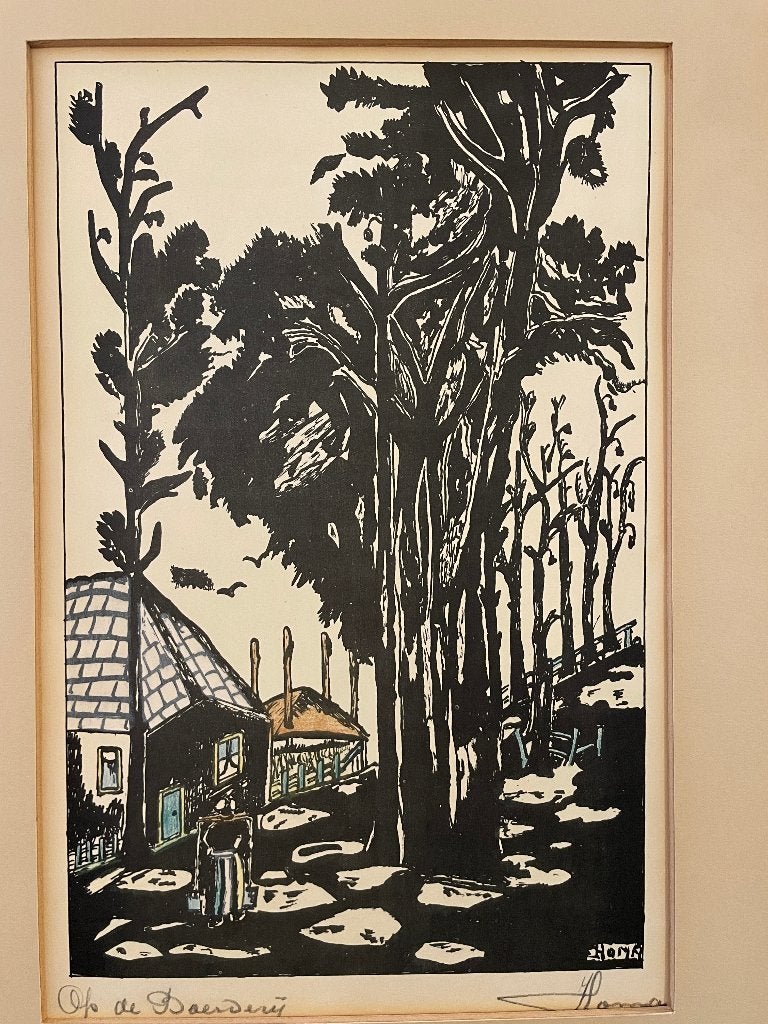 Hendrik (Henk) Homa (1908-1993) Houtsnede - Boerderij, 28 cm, 1950 - 1999, 19 cm, Gesigneerd