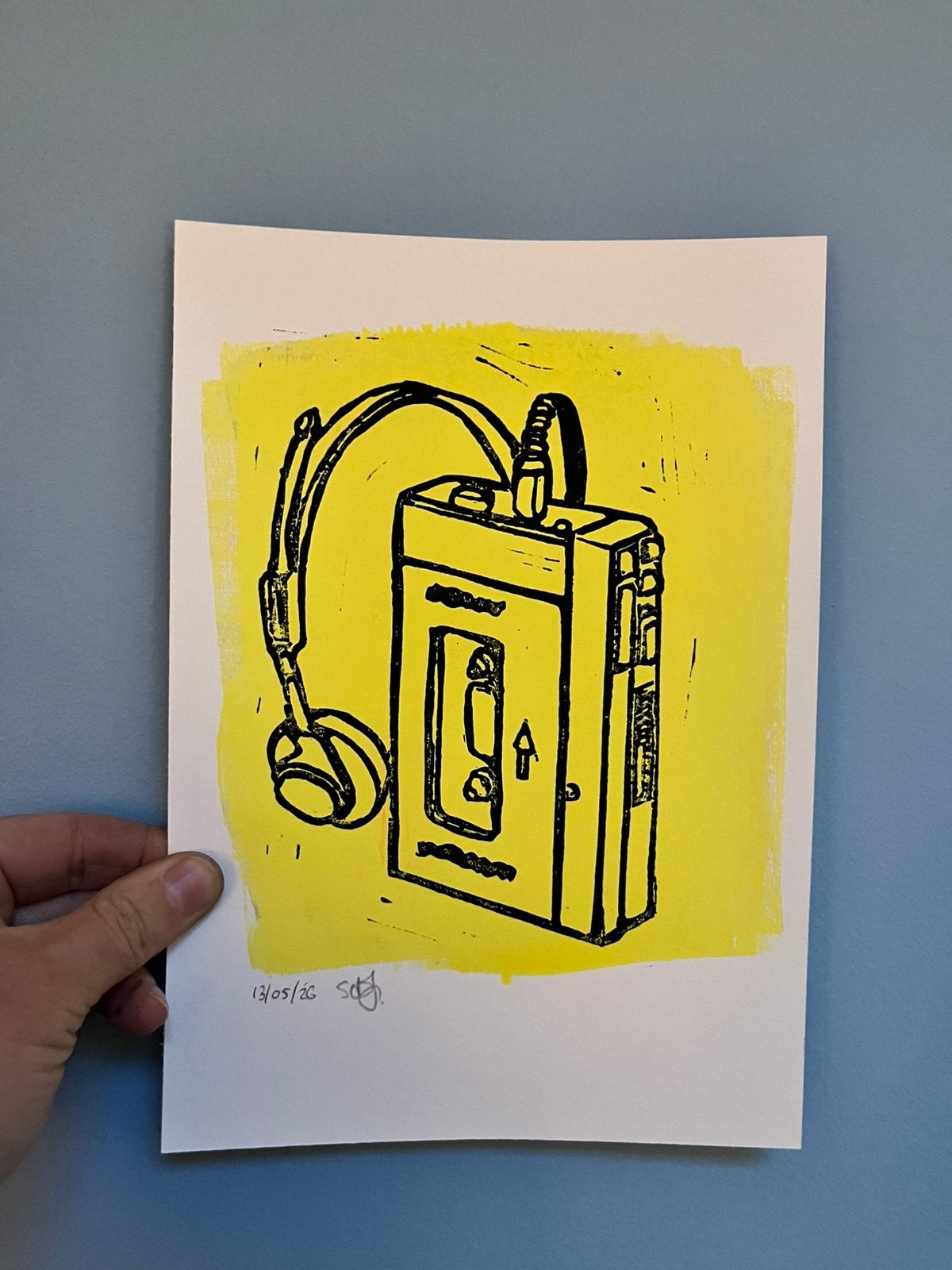 Linosnede afdruk Walkman - neon geel, Ophalen of Verzenden