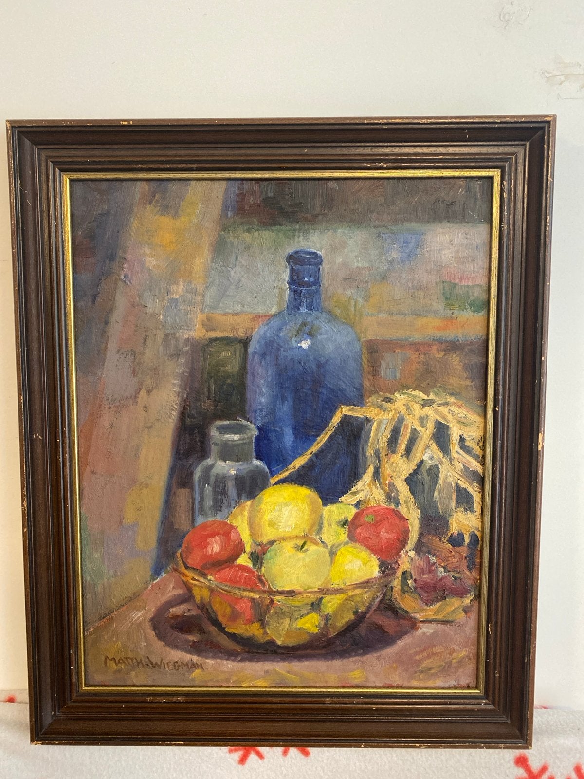 Wiegman - Stilleven met fruit en flessen, gesigneerd, Doek, Realistisch, Stilleven, Ophalen of Verzenden