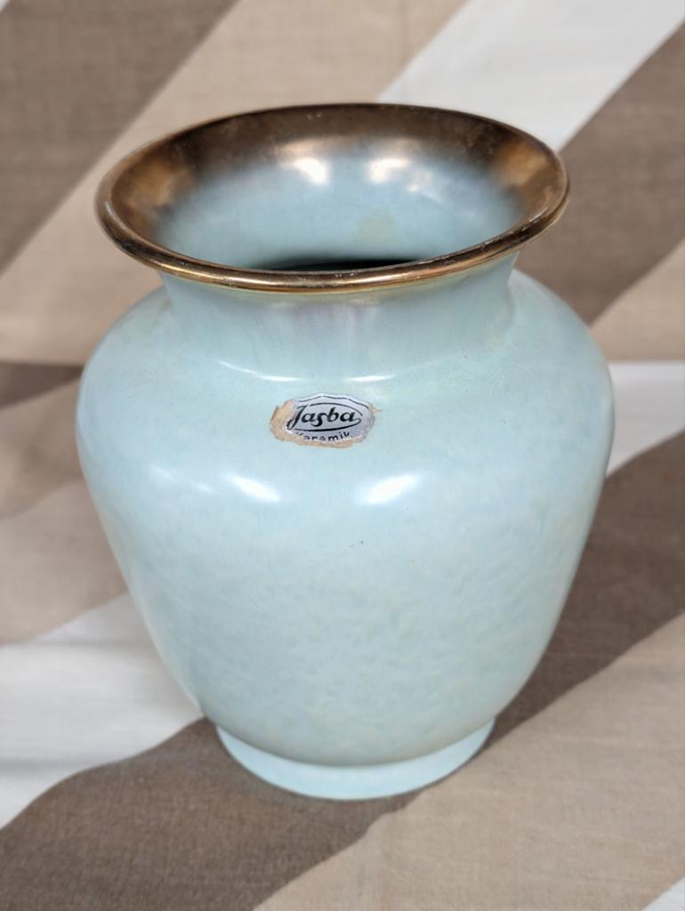 Vintage Jasba Keramiek Vaas - Lichtblauw met Gouden Rand, Ophalen of Verzenden