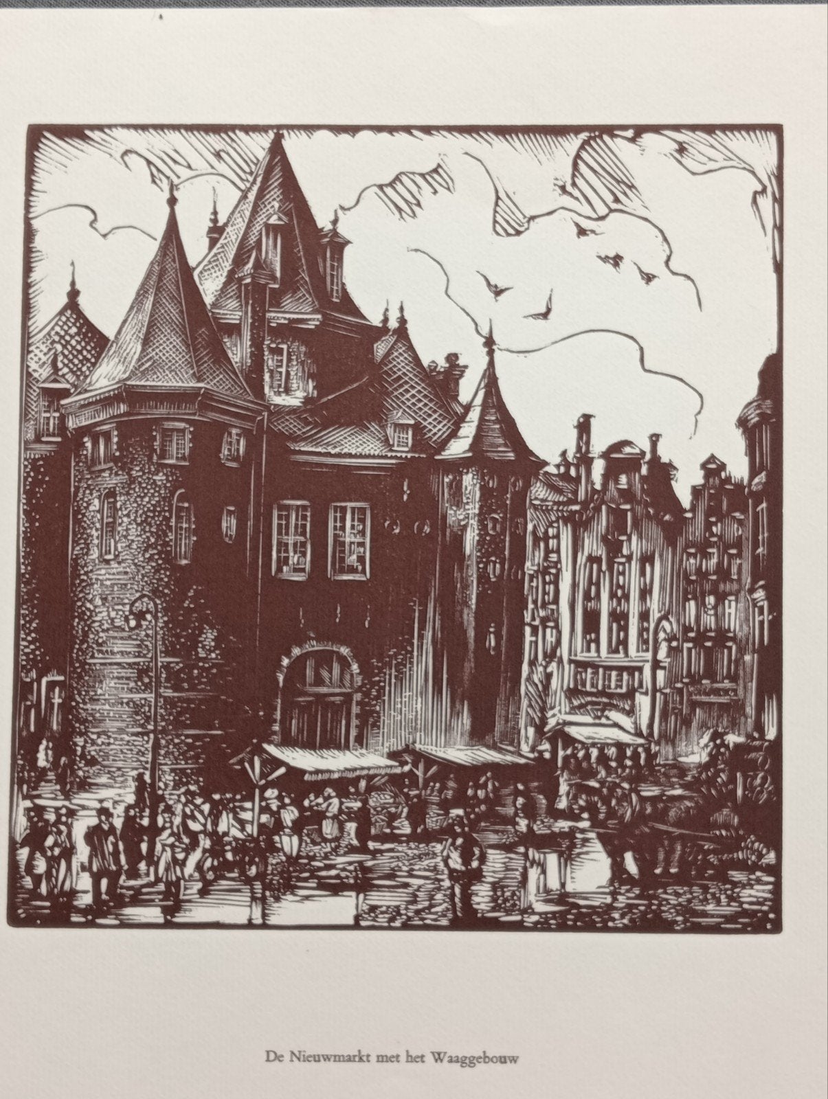 Rein Snapper Houtgravure De Nieuwmarkt met de Waag Amsterdam, Ophalen of Verzenden