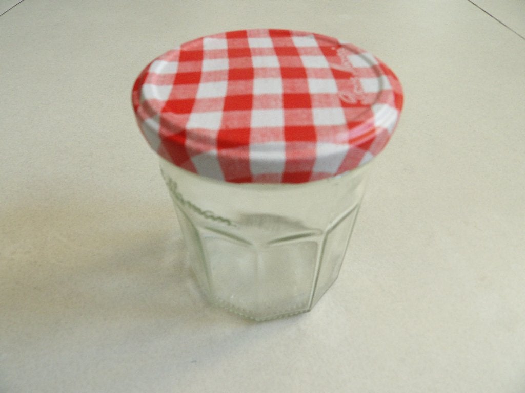 4 WEK / knutsel POTJES met rood/wit deksel jam 10 cm x 7 cm, Ophalen of Verzenden, Zo goed als nieuw