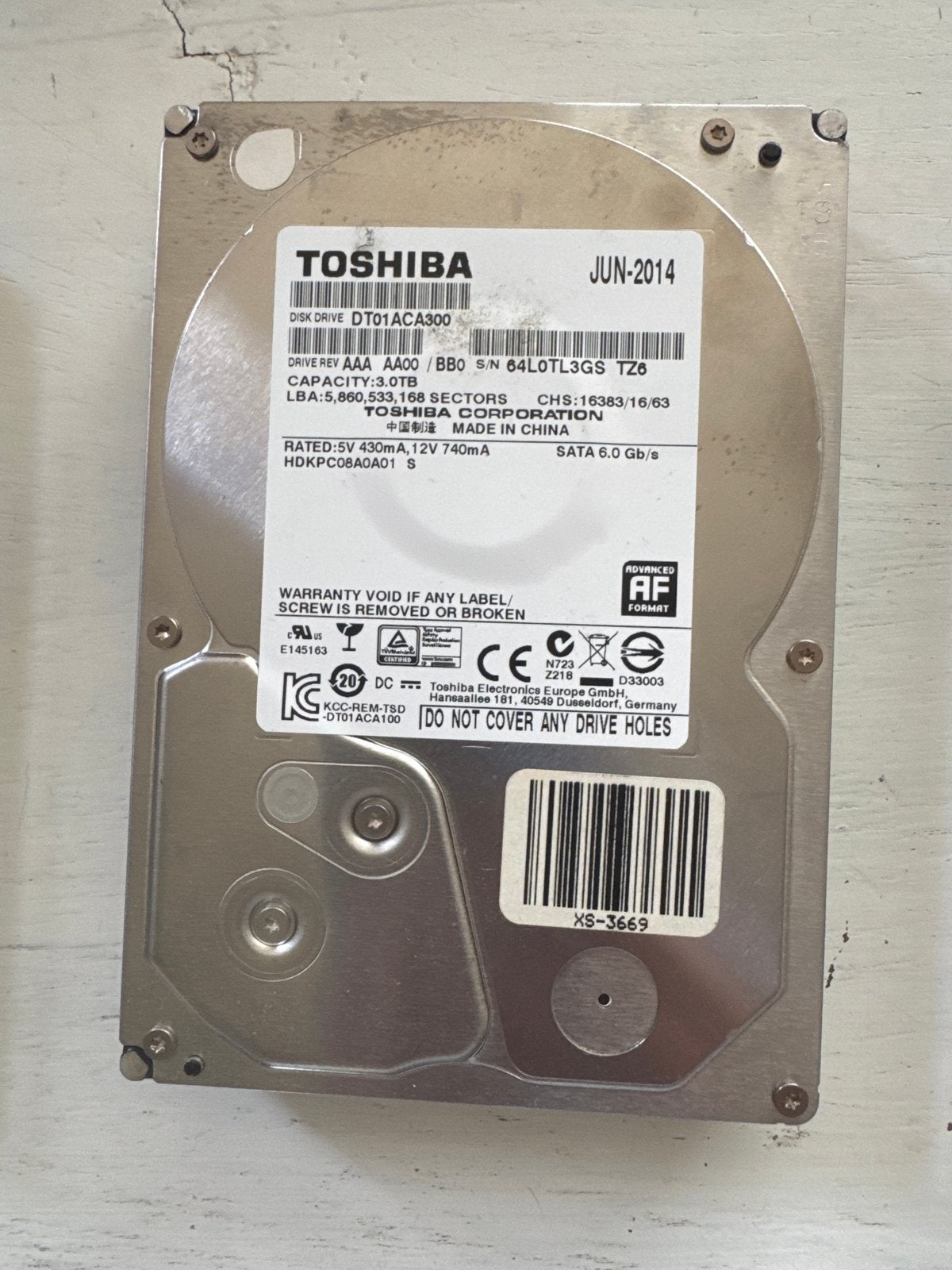 Toshiba DT01ACA300 3TB SATA 6.0 Gb/s HDD, Intern, Gebruikt, Server, Ophalen of Verzenden