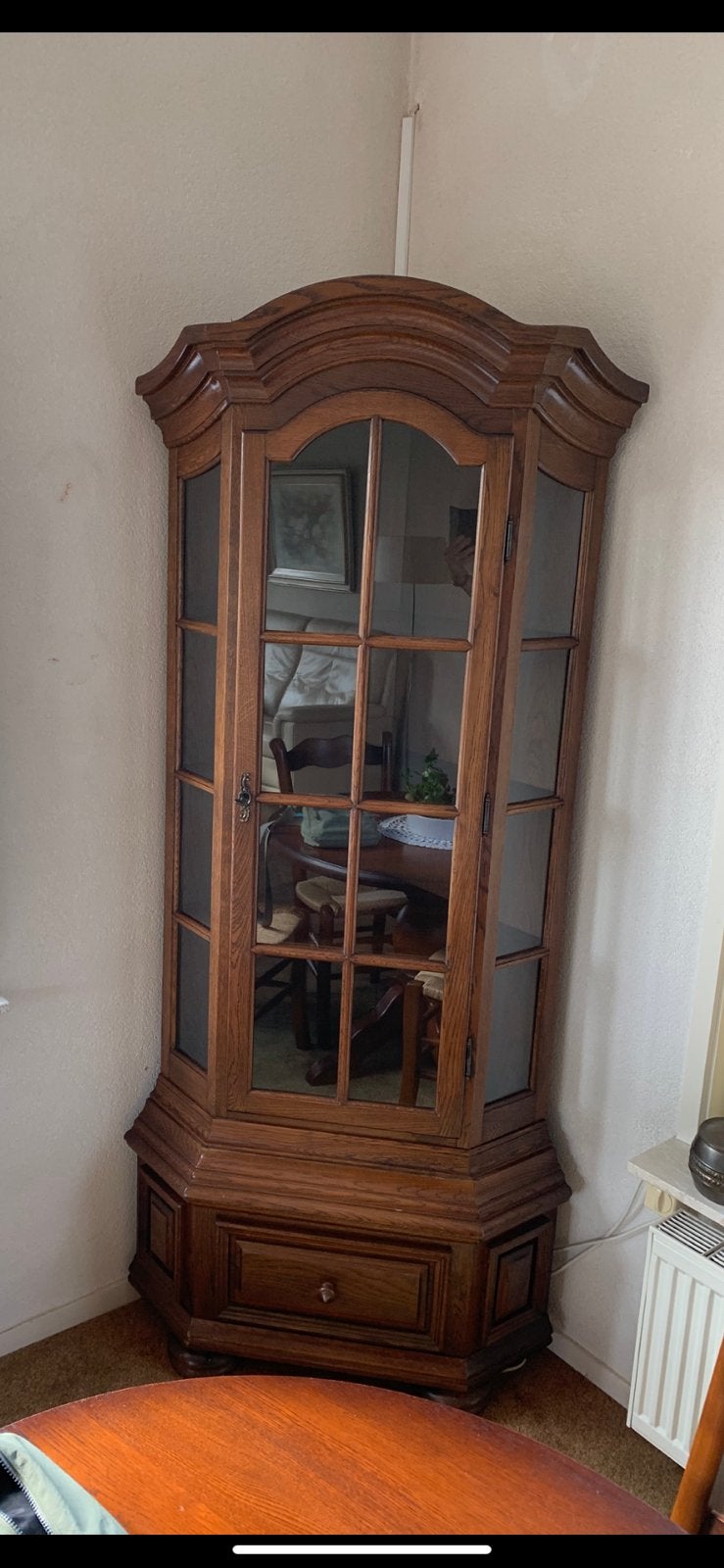 Prachtige klassieke eiken hoekkast / vitrinekast, Ophalen, 200 cm of meer, 50 tot 75 cm, Glas