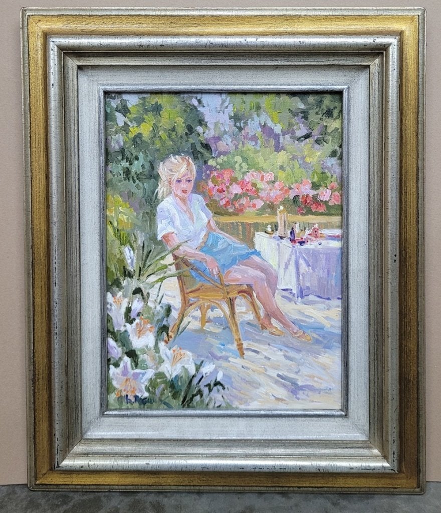 Albert RIGAUX, genieten in de tuin, Antiek en Kunst, Kunst | Schilderijen | Klassiek, Doek, Portret of Personen, Impressionistisch