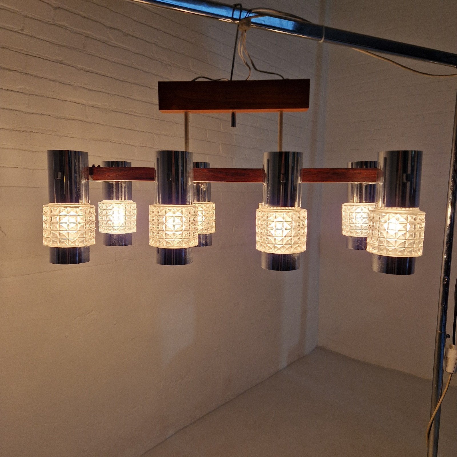 Vintage Hanglamp met 8 Spots - Hout & Chroom, Ophalen of Verzenden, Gebruikt, Glas, Vintage, Mid-century Modern