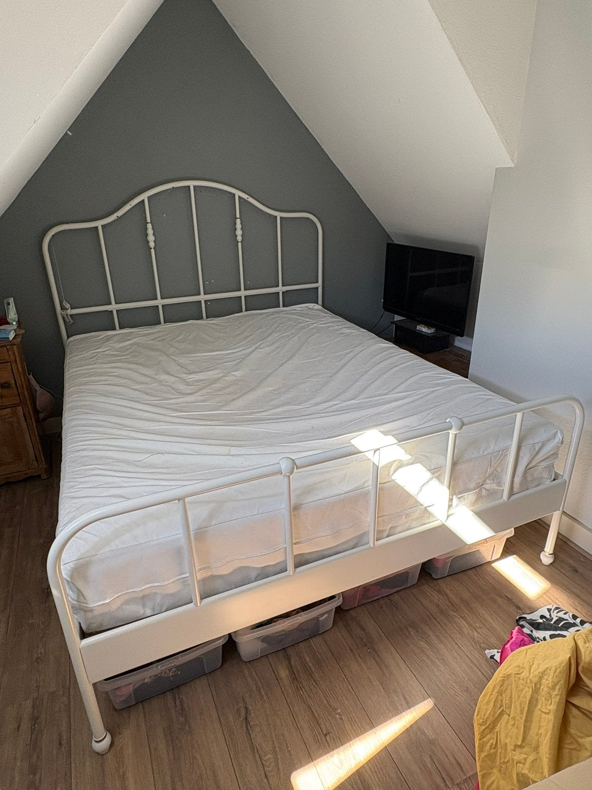 Ikea bedframe en lattenbodem 160x200, Ophalen, Gebruikt, Wit, Tweepersoons