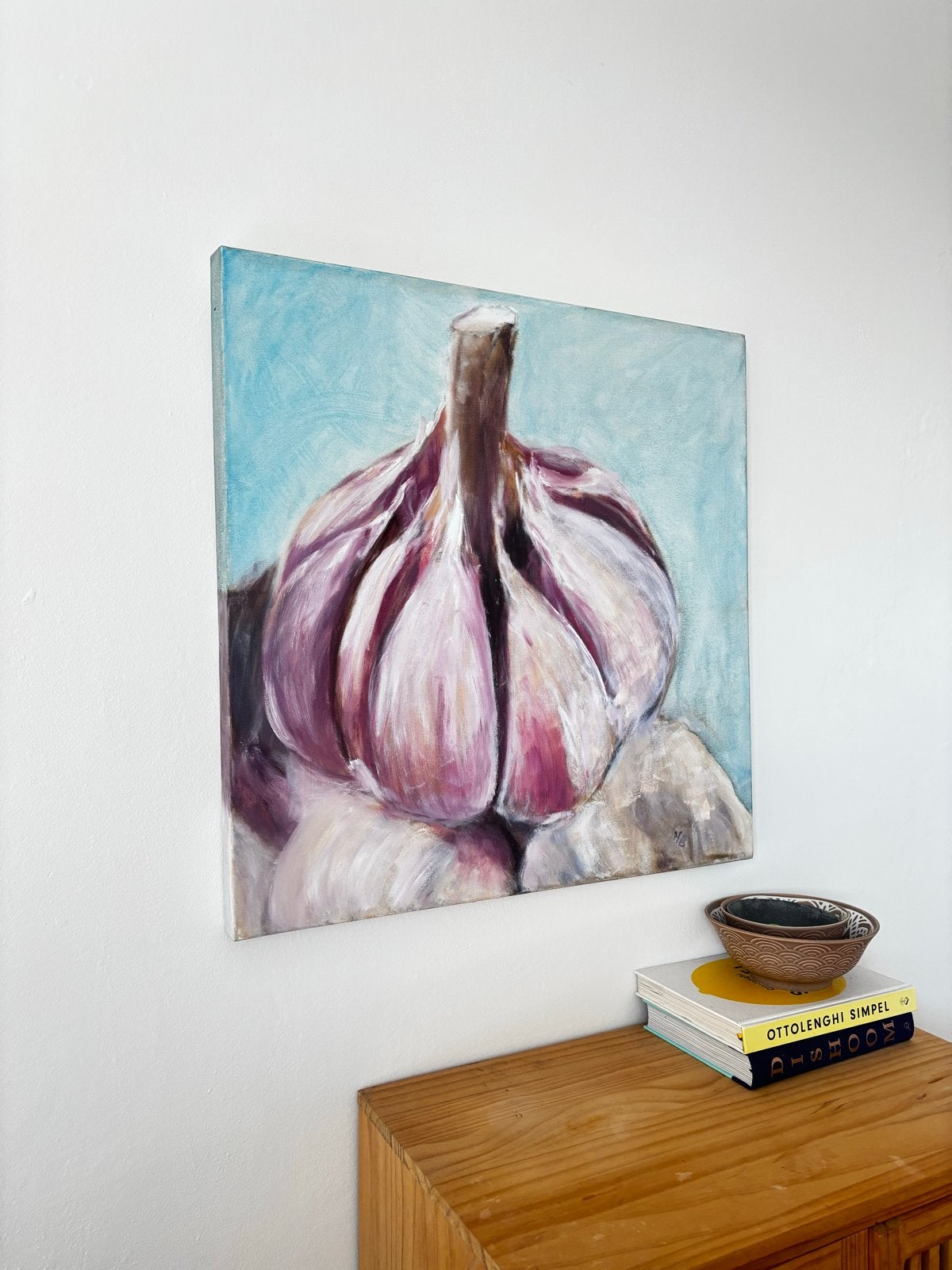 Schilderij van een knoflook - Stilleven, Antiek en Kunst, Ophalen, Doek, Realistisch, Stilleven