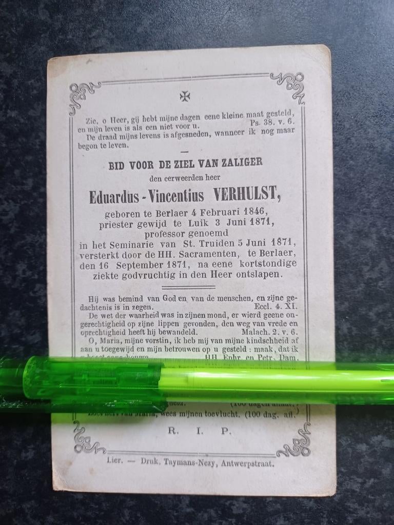Bidprentje Berlaer pastoor Eduardus Verhulst 1846 1871, Ophalen, Bidprentje