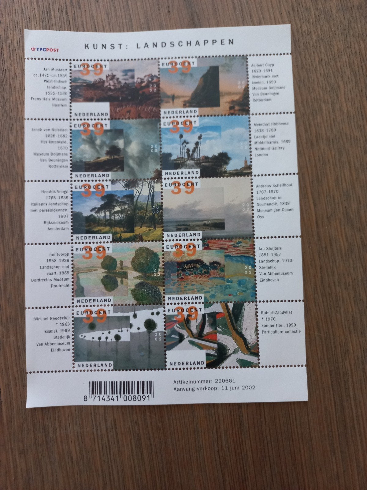 TPGPost Kunst: Landschappen Postzegelvel - 2002, Ophalen of Verzenden