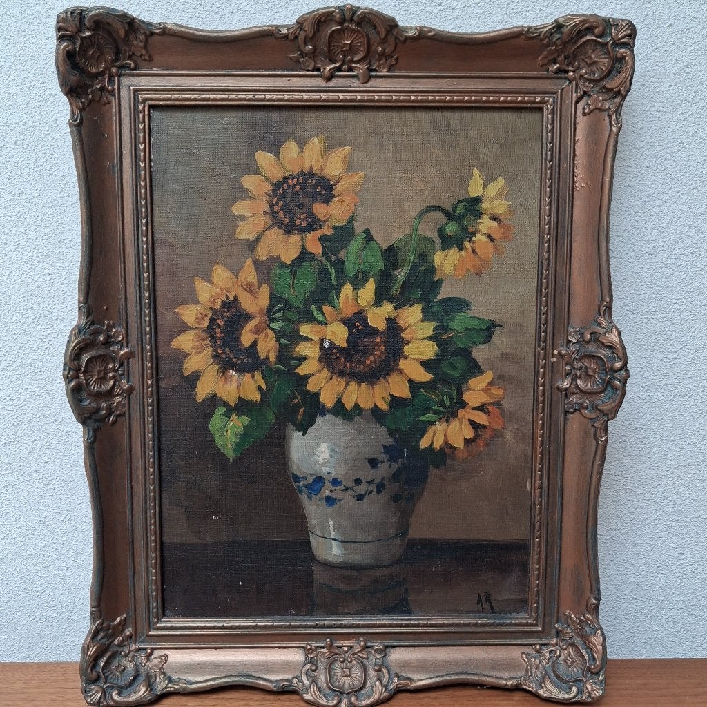 Mooi klassiek schilderij zonnebloemen in Keulse pot, Doek, Olieverf, Klassiek, Handgeschilderd