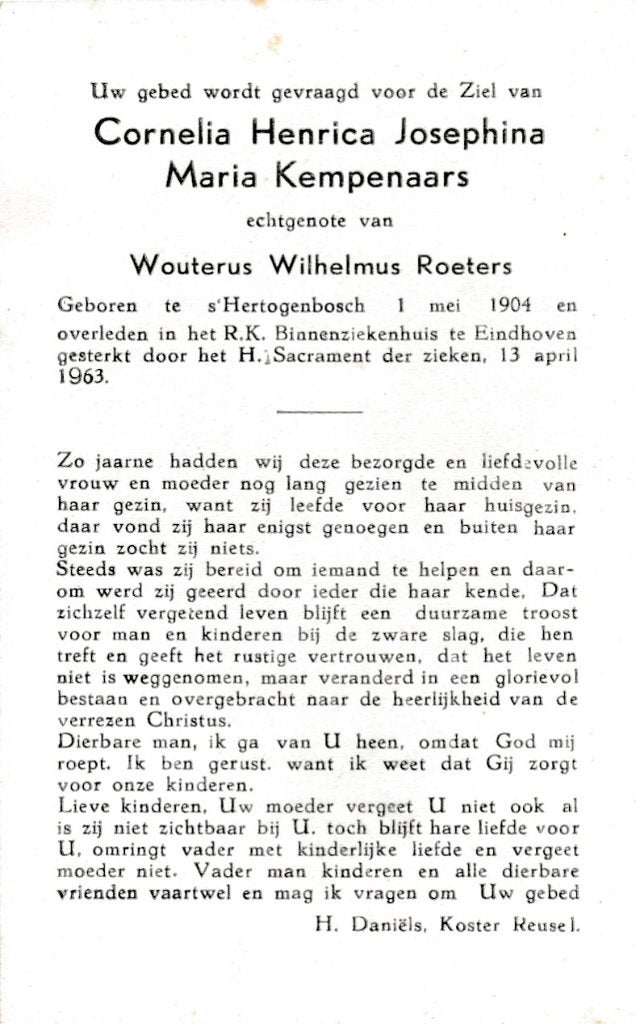 Kempenaars Cornelia 1904 Den Bosch 1963 Eindhoven, Verzamelen, Bidprentjes en Rouwkaarten, Ophalen of Verzenden, Bidprentje