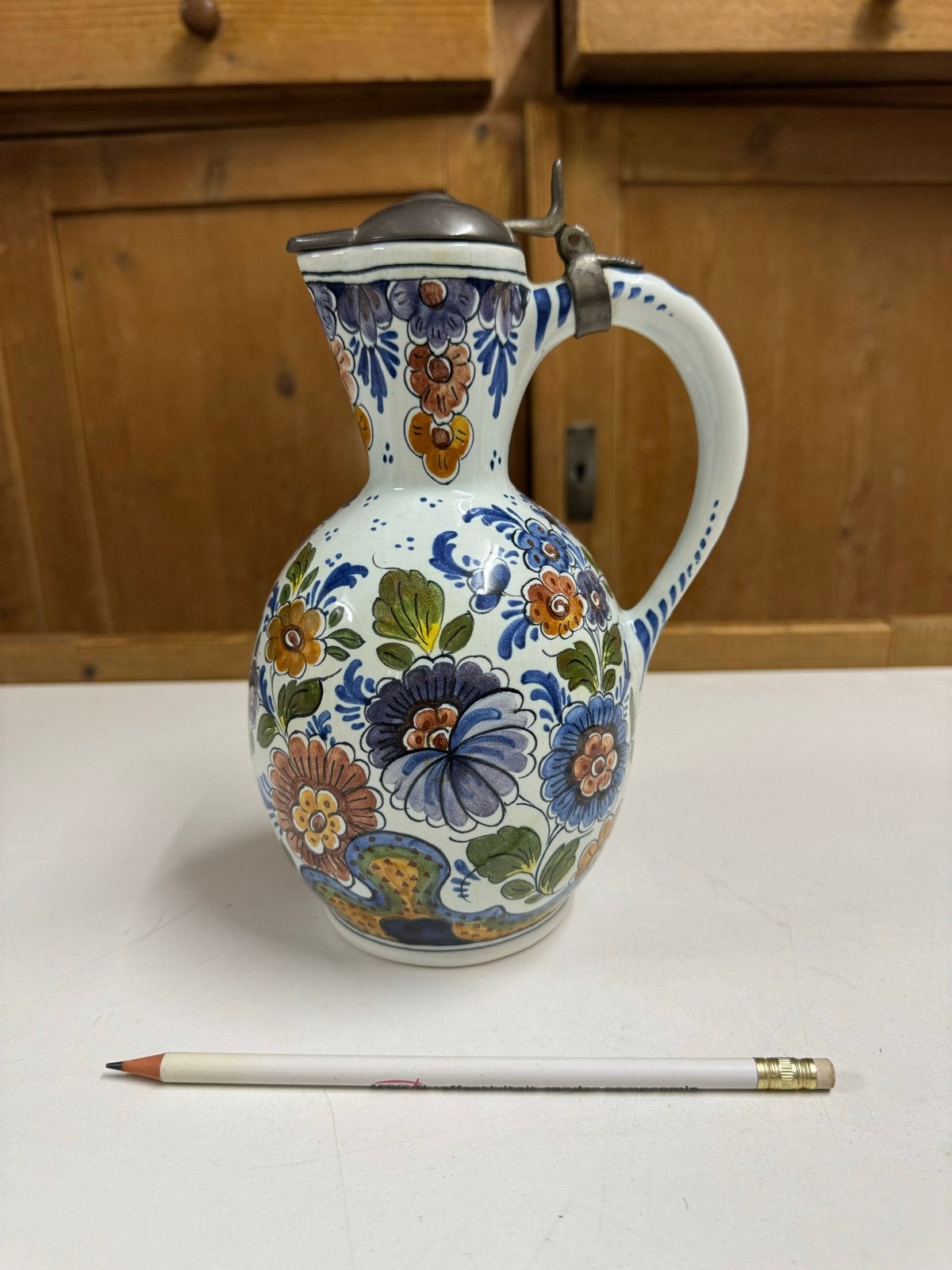 Oud Delfts Blauw kannetje met tinnen deksel, handgeschilderd, Ophalen