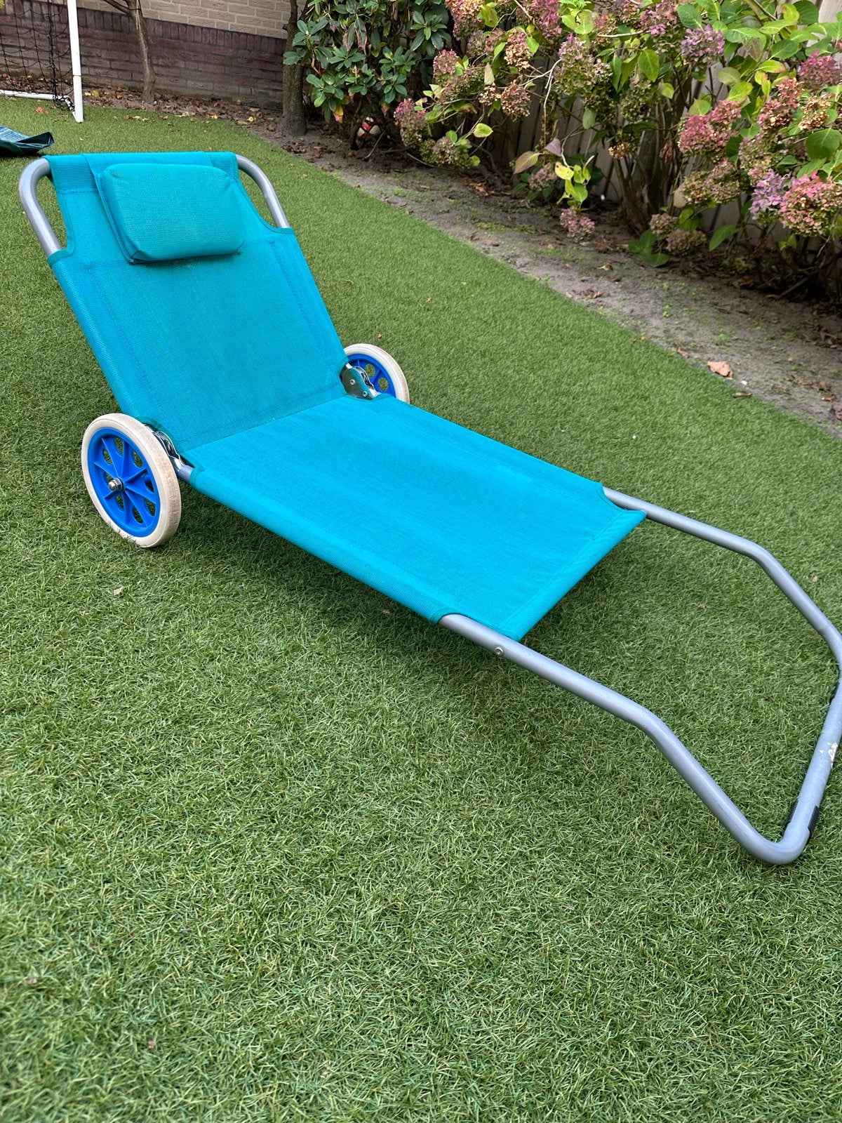 Opvouwbare strandstoel met wielen - Turquoise, Ophalen, Gebruikt, Metaal, Inklapbaar