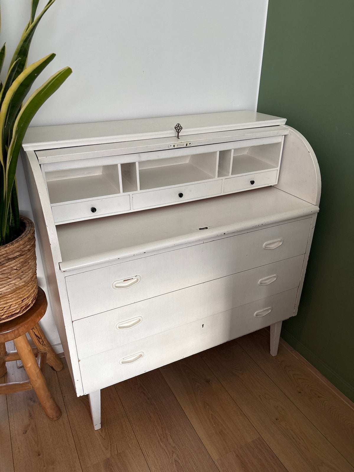 Vintage wit rolluikbureau met lades, Huis en Inrichting, Ophalen of Verzenden, Gebruikt