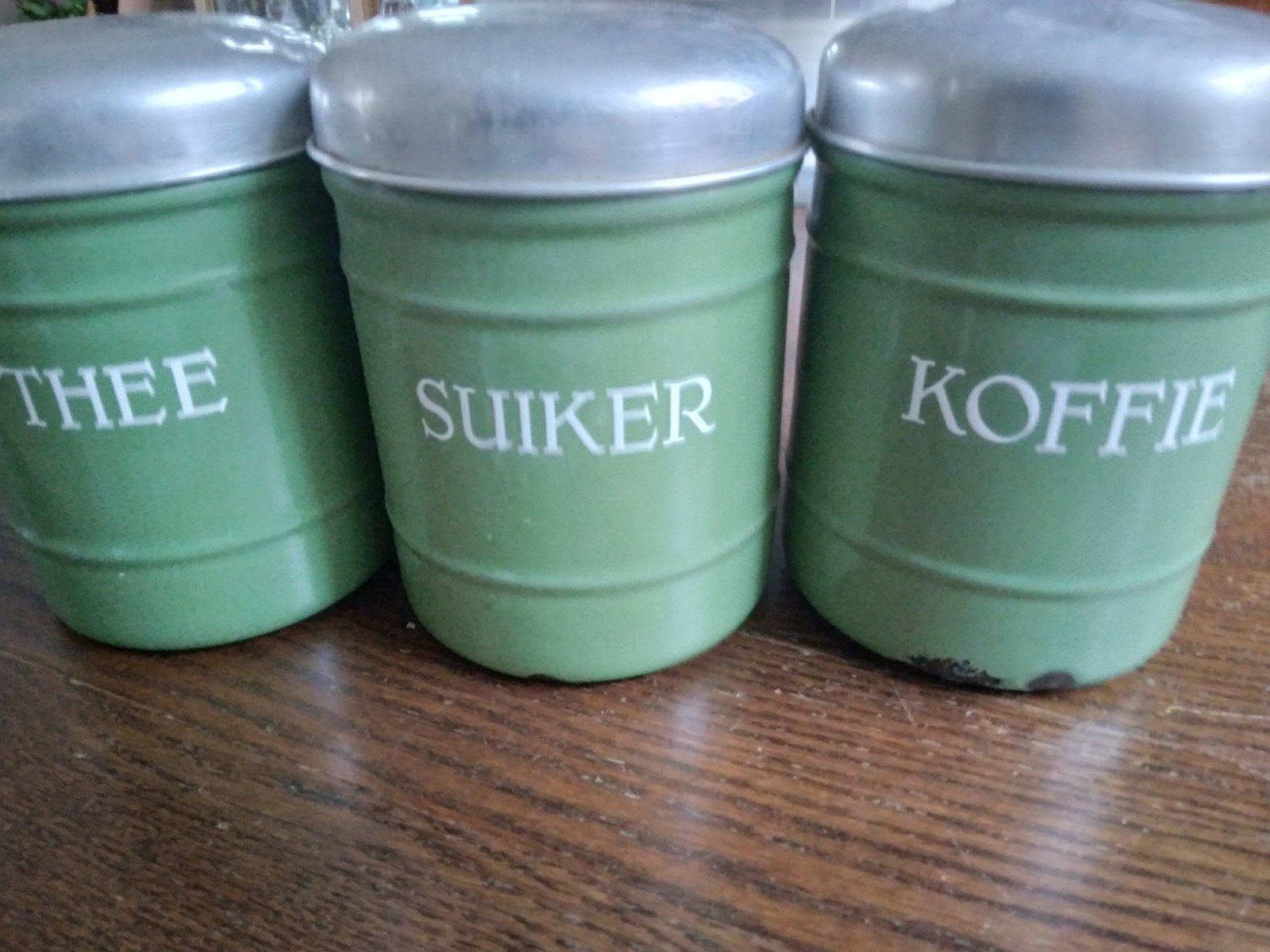 heel veel groene emaille keuken spullen,  per set 4.50, Ophalen of Verzenden