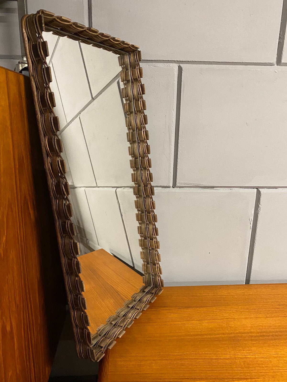 Vintage spiegel riet rotan, Ophalen, Ovaal, Minder dan 50 cm