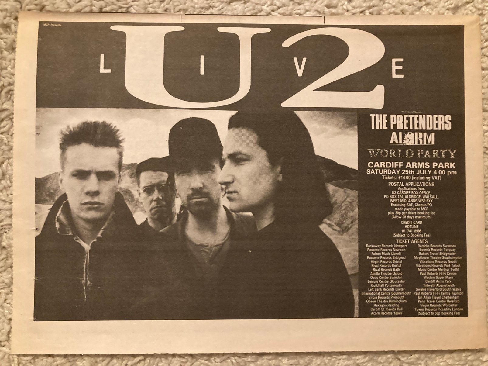 U2 Pretenders WORLD PARTY The Alarm tour A4 advertentie, Ophalen of Verzenden, A4 of kleiner