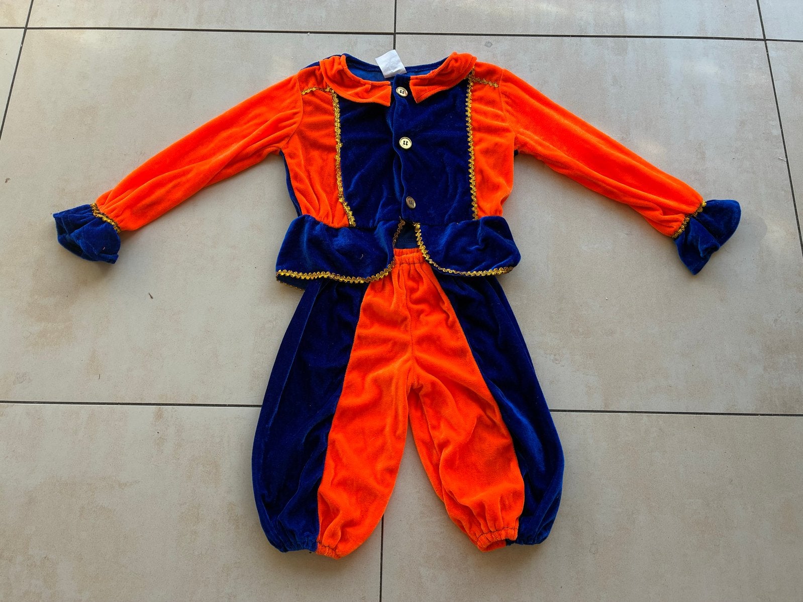 Pietenpak 6-8 jaar - Blauw/Oranje fluweel, Ophalen of Verzenden, Gebruikt, 122 t/m 128, Jongen of Meisje