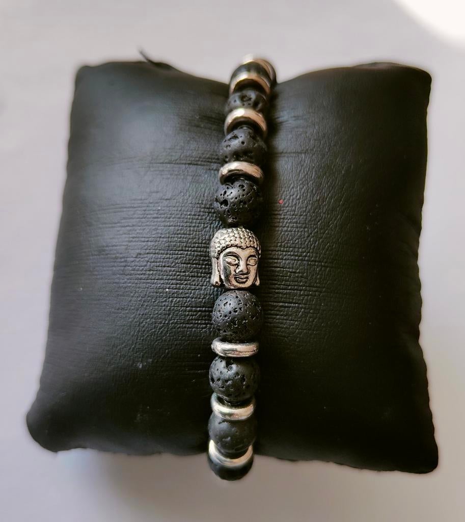 Elastische zilverkleur budhha lavasteen armband, Ophalen of Verzenden, Nieuw, Zilver