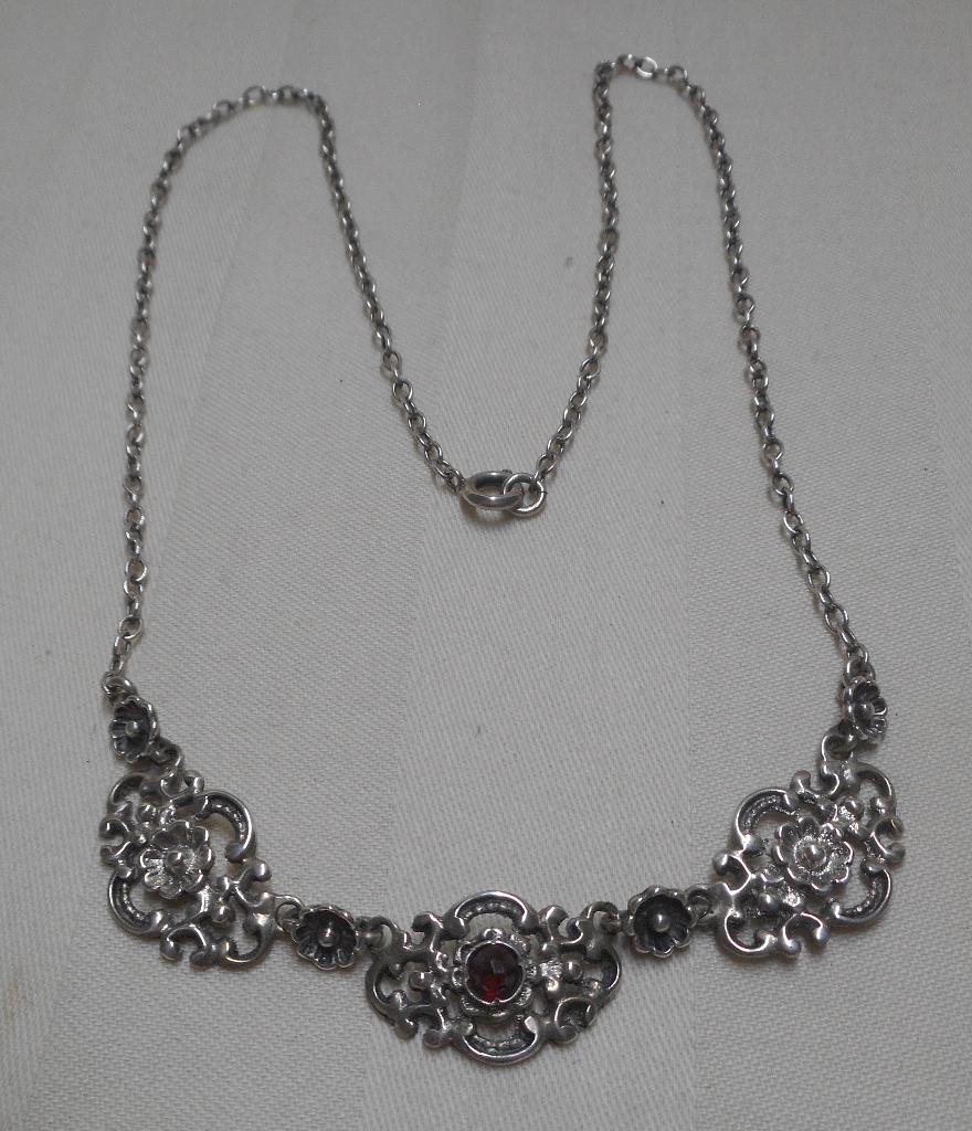 Zilveren Art Nouveau collier met granaat nr.1273, Sieraden, Tassen en Uiterlijk, Antieke sieraden, Verzenden, Zilver, Ketting