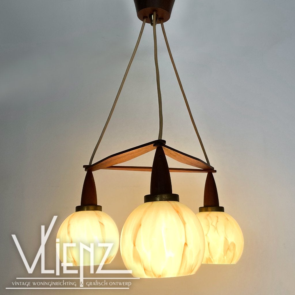 Vintage, midcentury, hanglamp, teak en gemarmerd glas, Gebruikt, -, -, Vintage, midcentury, retro