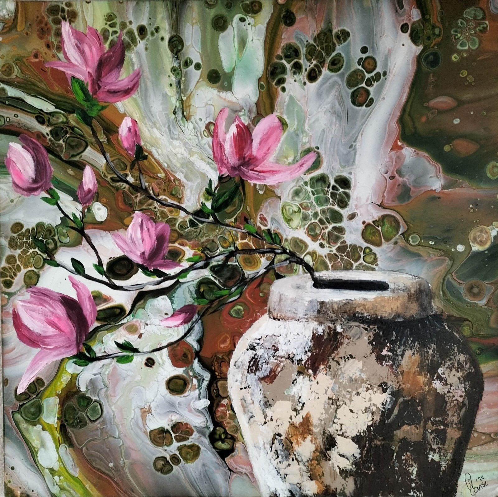 schilderij magnolia tak in vaas, Ophalen of Verzenden