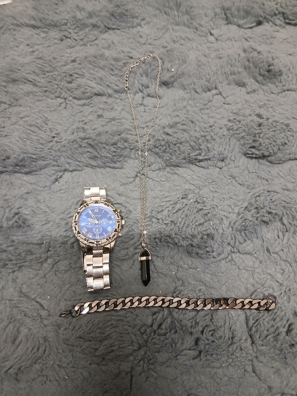 Herenhorloge met blauwe wijzerplaat, ketting en armband, Ophalen, Staal, Gebruikt, Staal