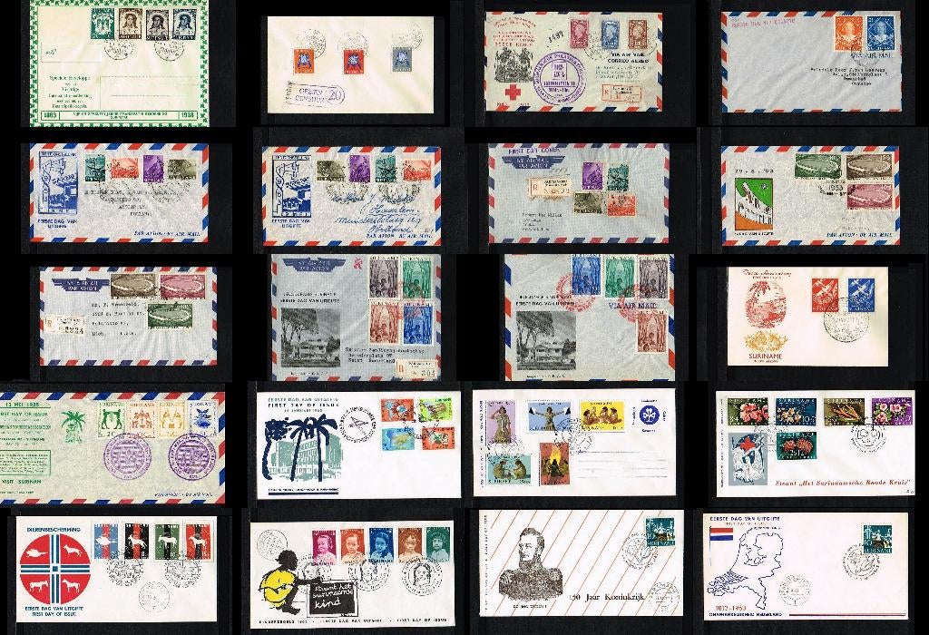 Uitzoeken FDC's Suriname t/m 1975, Postzegels en Munten, Postzegels | Eerstedagenveloppen, Ophalen of Verzenden, Nederland