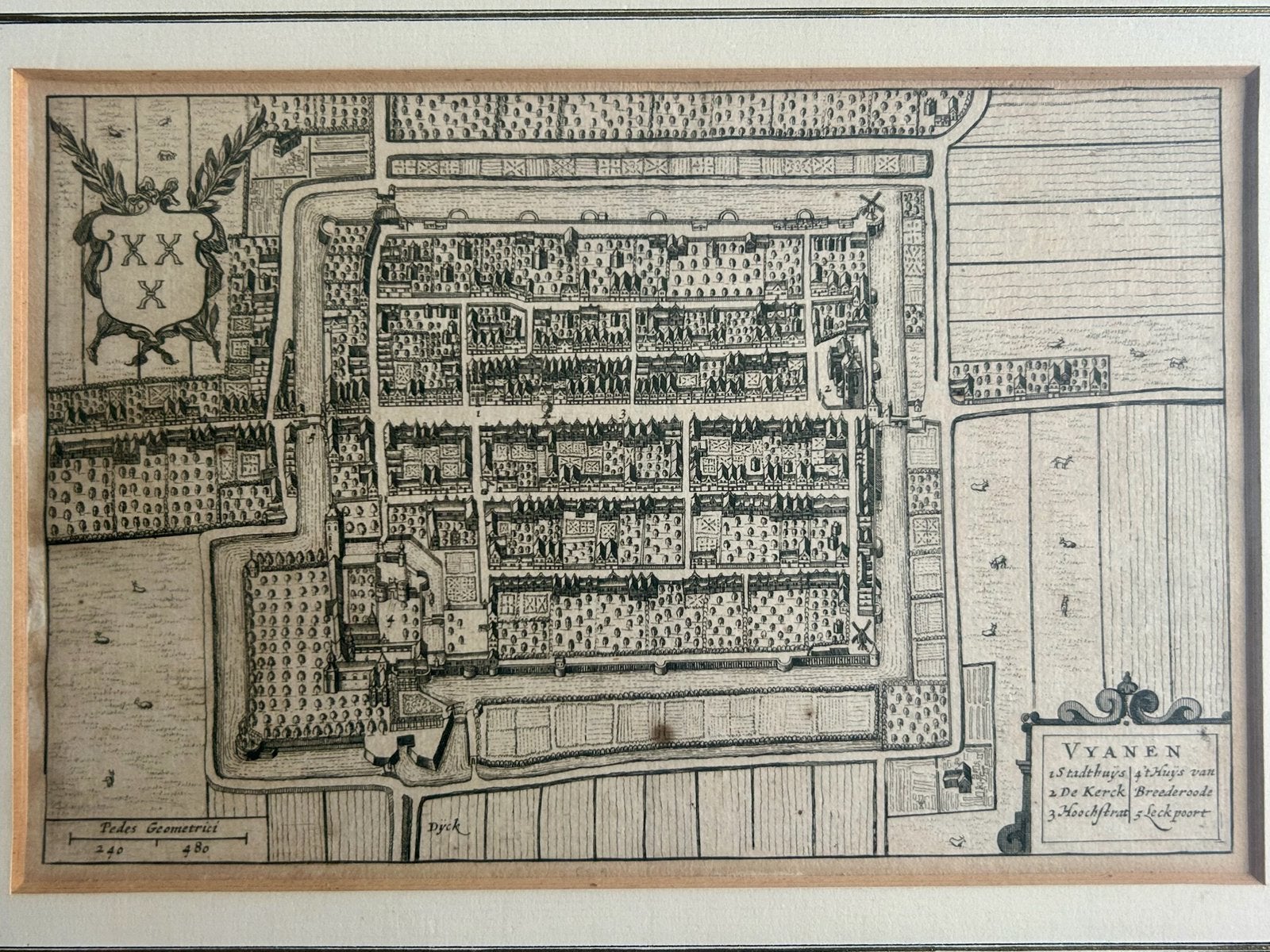 Antieke kopergravure, Vianen, Joan Blaeu ca. 1649, Ingelijst, Cartografie, Gravure, 23 cm, Met tekst