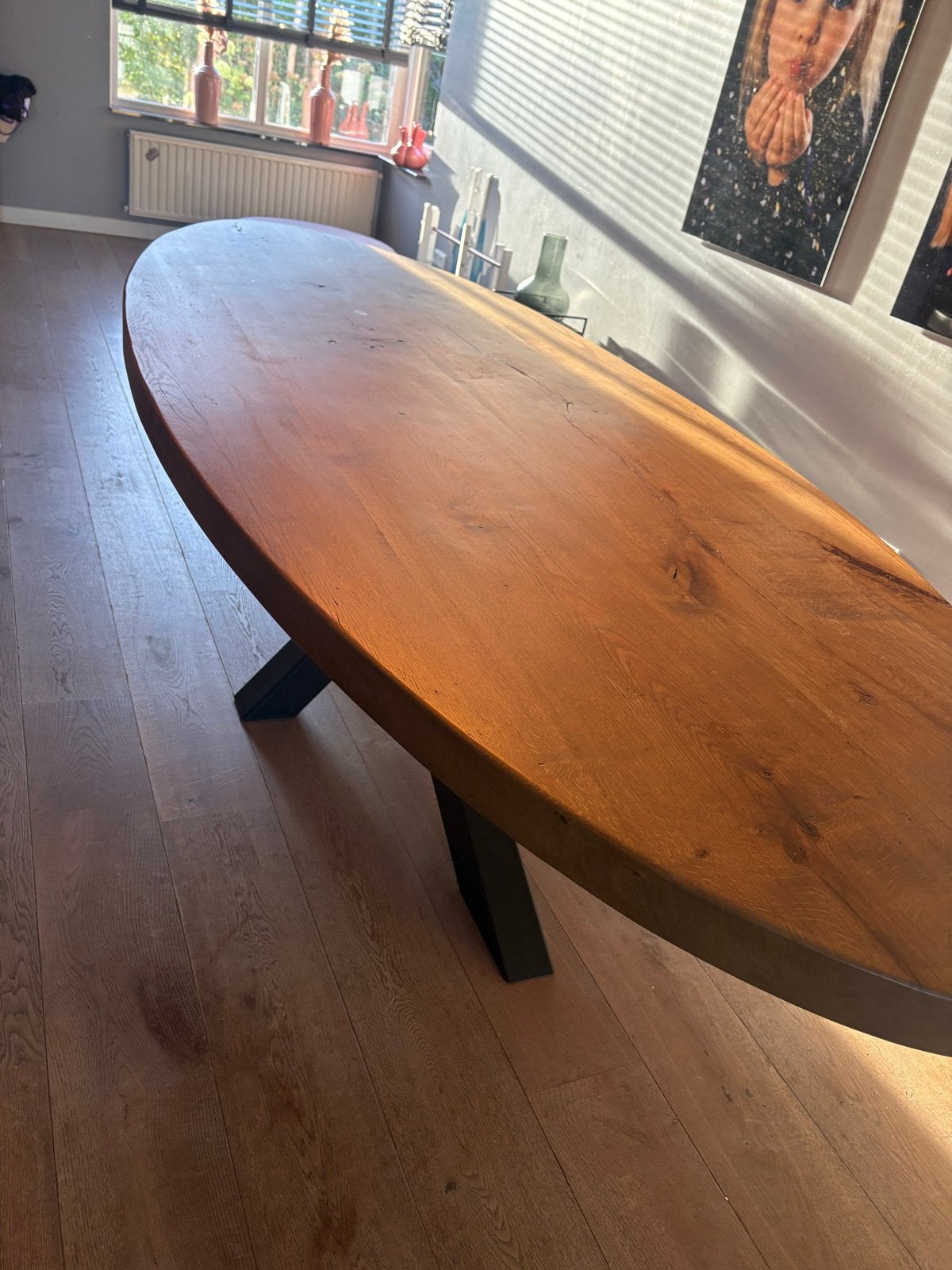Grote Massief houten eettafel met stalen onderstel, Ophalen, 100 tot 150 cm, 200 cm of meer, Vijf personen of meer