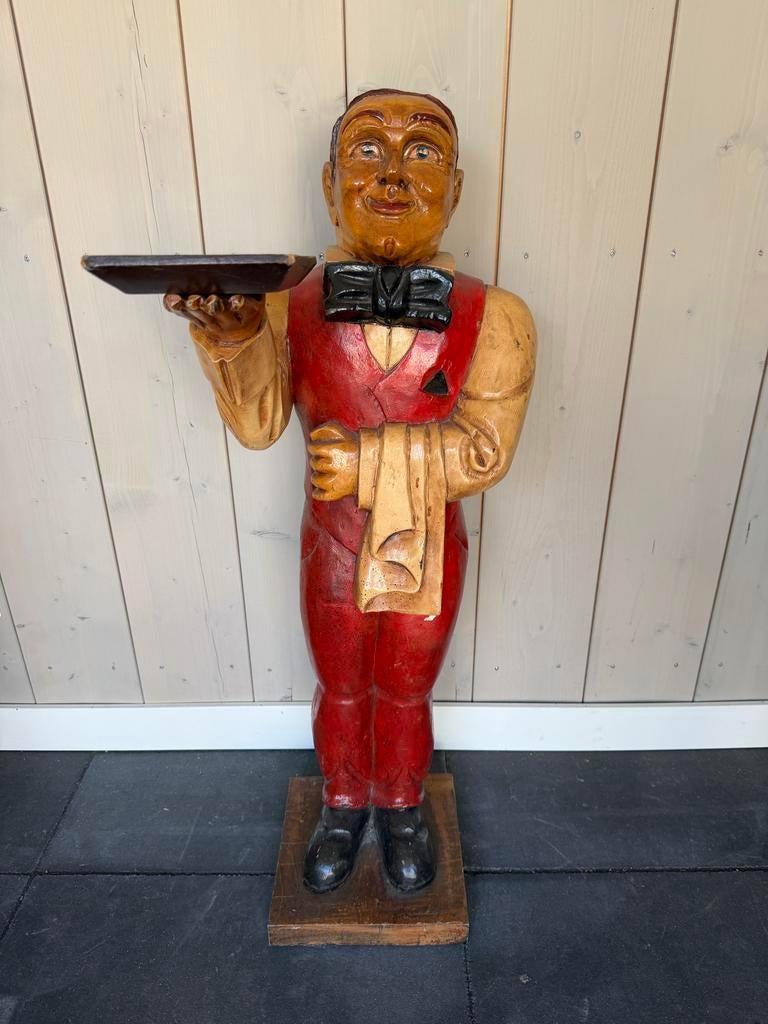 Houten Ober Decoratie met Dienblad - Massief Hout 97cm, Ophalen, Gebruikt, Meerkleurig, Vintage