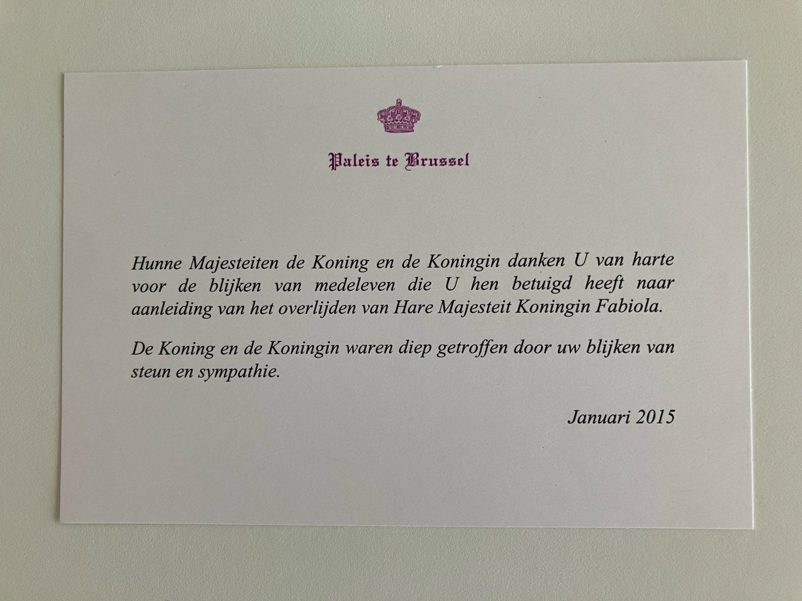 Bedankje Filip en Mathilde overlijden Koningin Fabiola 2014, Verzamelen, Verzenden, Zo goed als nieuw, Kaart, Foto of Prent
