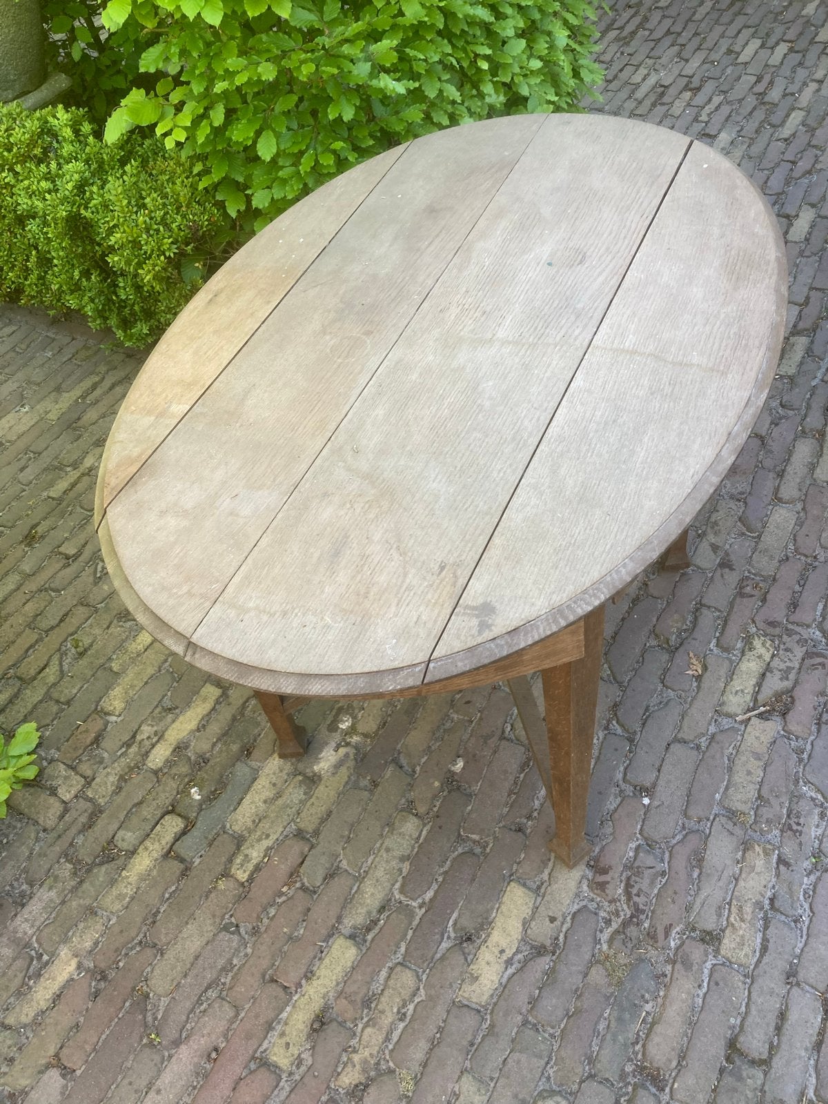 Mooie ovale tafel, binnen/buiten, laatste kans!, Ophalen, Gebruikt, Ovaal, Overige houtsoorten