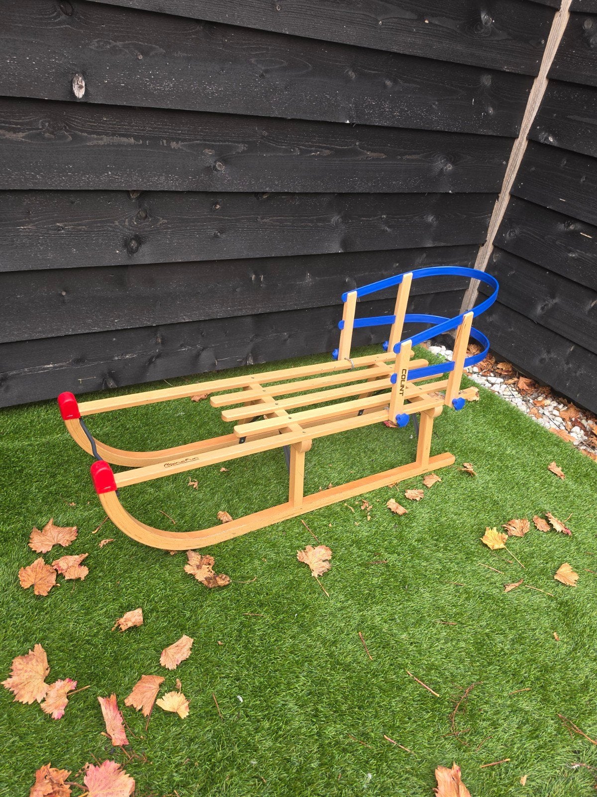 Houten slee met rugleuning - Zo goed als nieuw, Ophalen, Rugleuning, Zo goed als nieuw, Hout