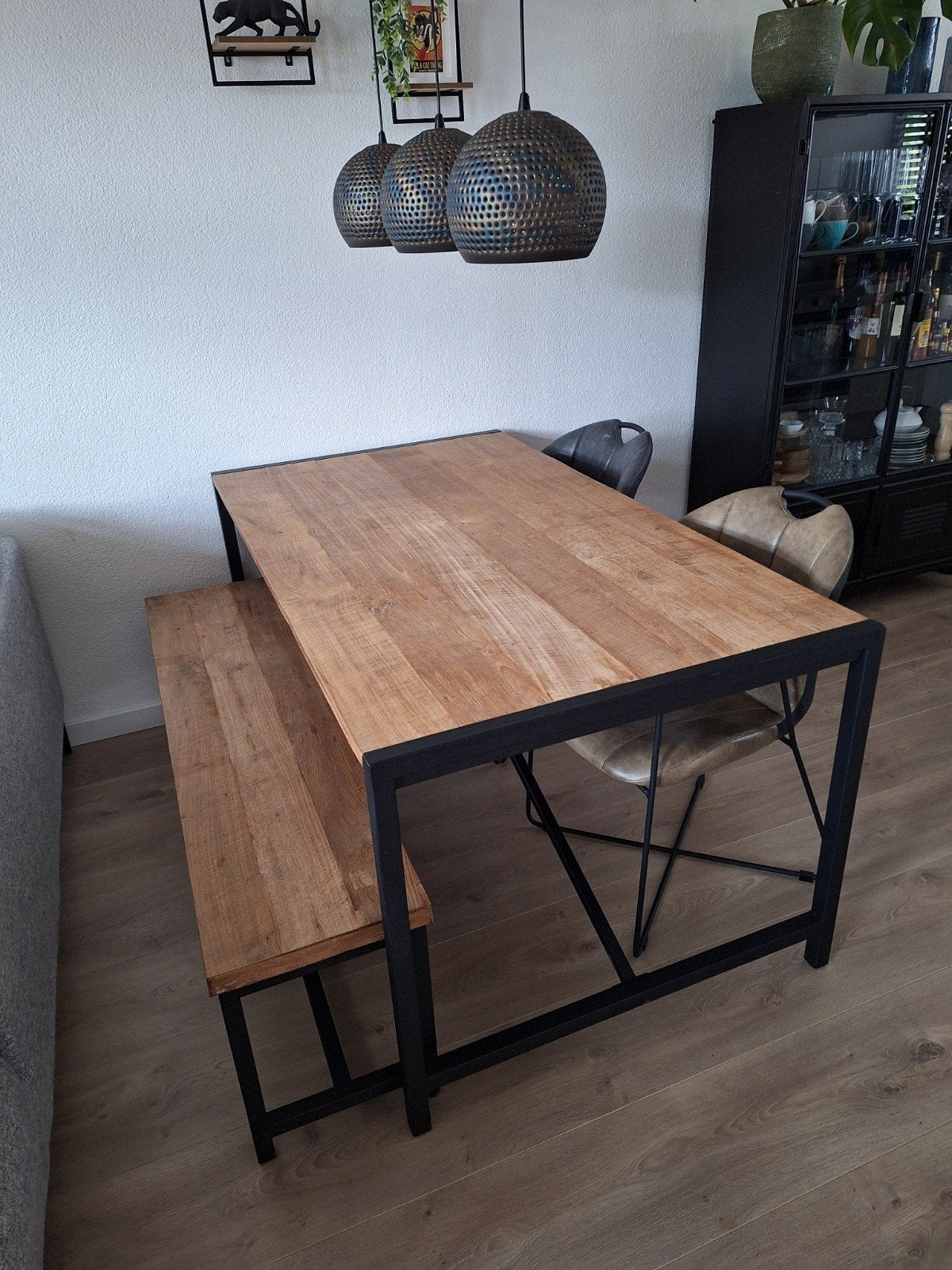 Teakhouten eettafel met bankje, Ophalen, Teakhout, Industrieel, Modern, 50 tot 100 cm