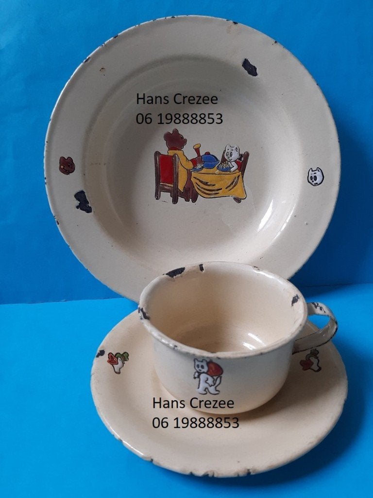 zoek oud Tom Poes Bommel Toonder emaille mok bord kop 1950, Ophalen of Verzenden