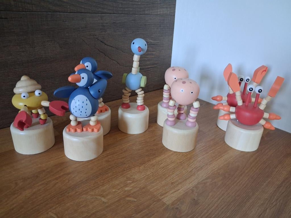 8 Houten Druk Poppetjes: Zeedieren, Pinguïns & Struisvogel, Ophalen of Verzenden