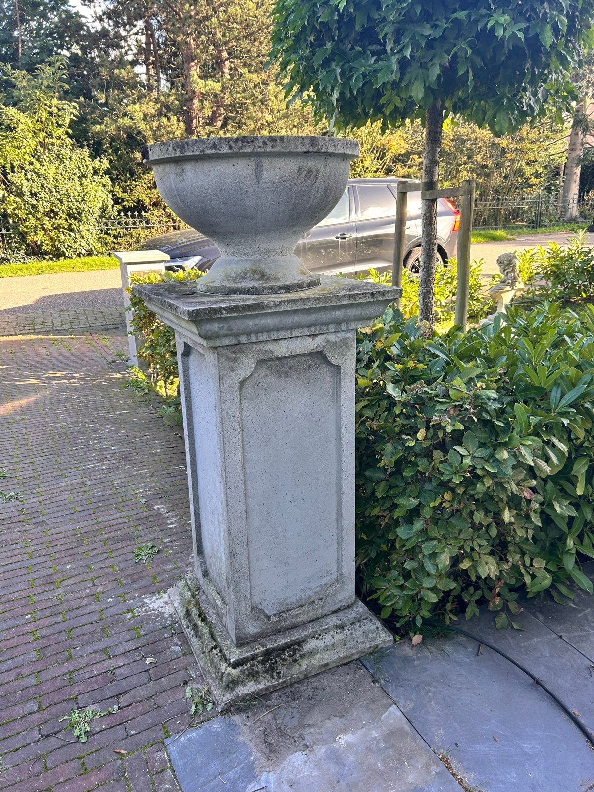Set brocante stijl sokkel beton met plantenbak tuinvaas, Ophalen, Gebruikt, 100 cm of meer, Rond
